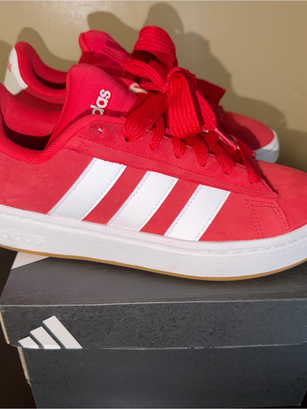 adidas  Red and White Three-Stripe Sneakers